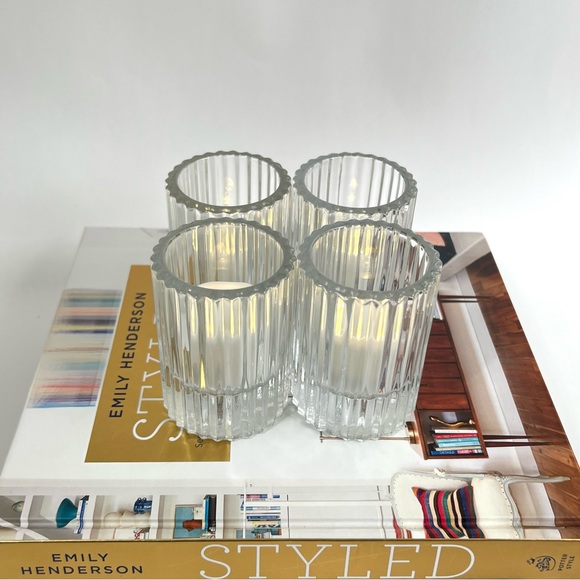 Ribbed Glass Candle Holder Set of 4 Clear Heavy Chic Holiday Home Decor - Picture 11 of 14